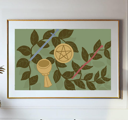 Tarot Elements in Leaves Print - Tarot Card Print - The Tarot Lovers Poster, No Frame