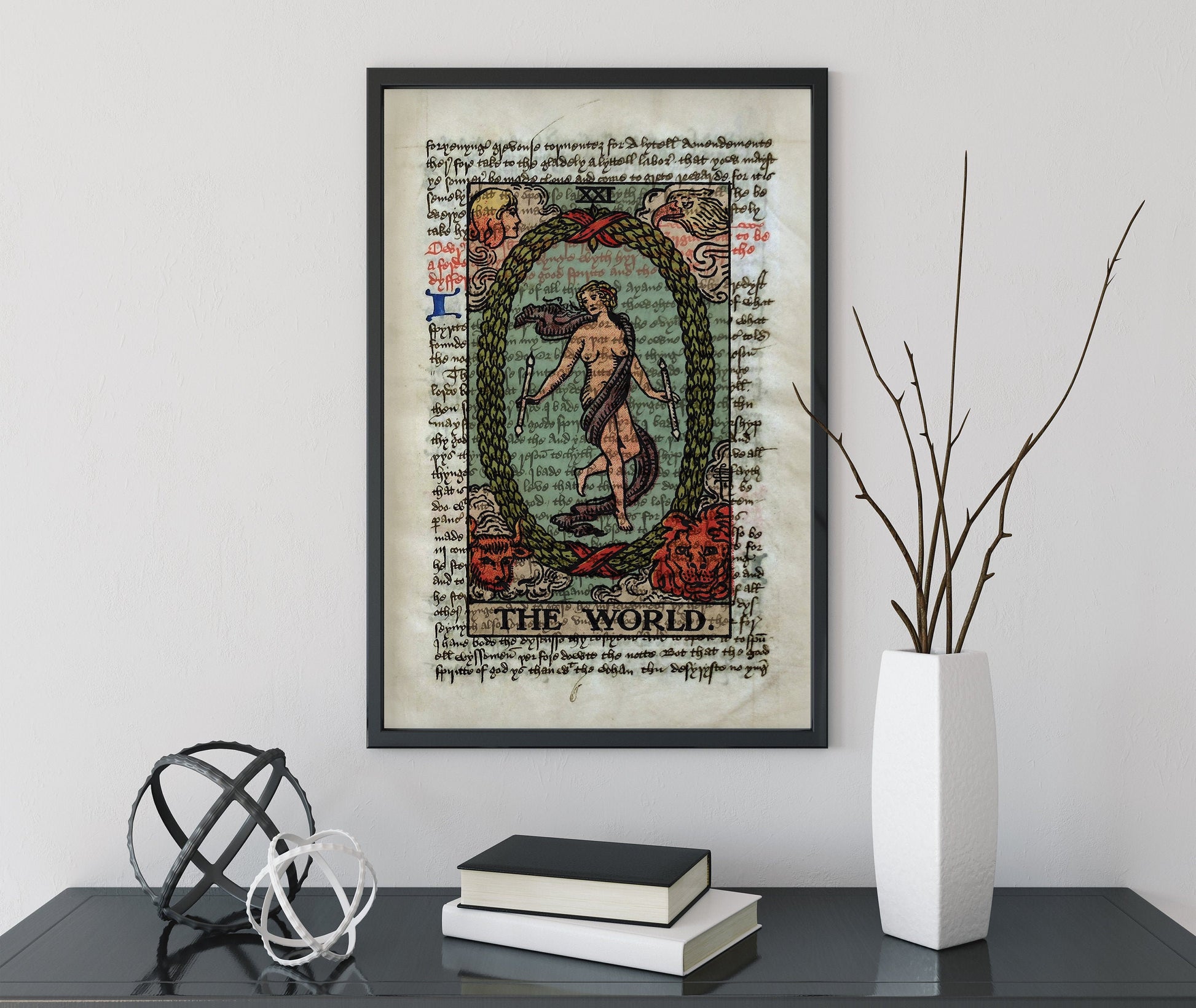 The World - Tarot Card Print - The World Card Poster On Ancient Text Rider Waite Print (No Frame)
