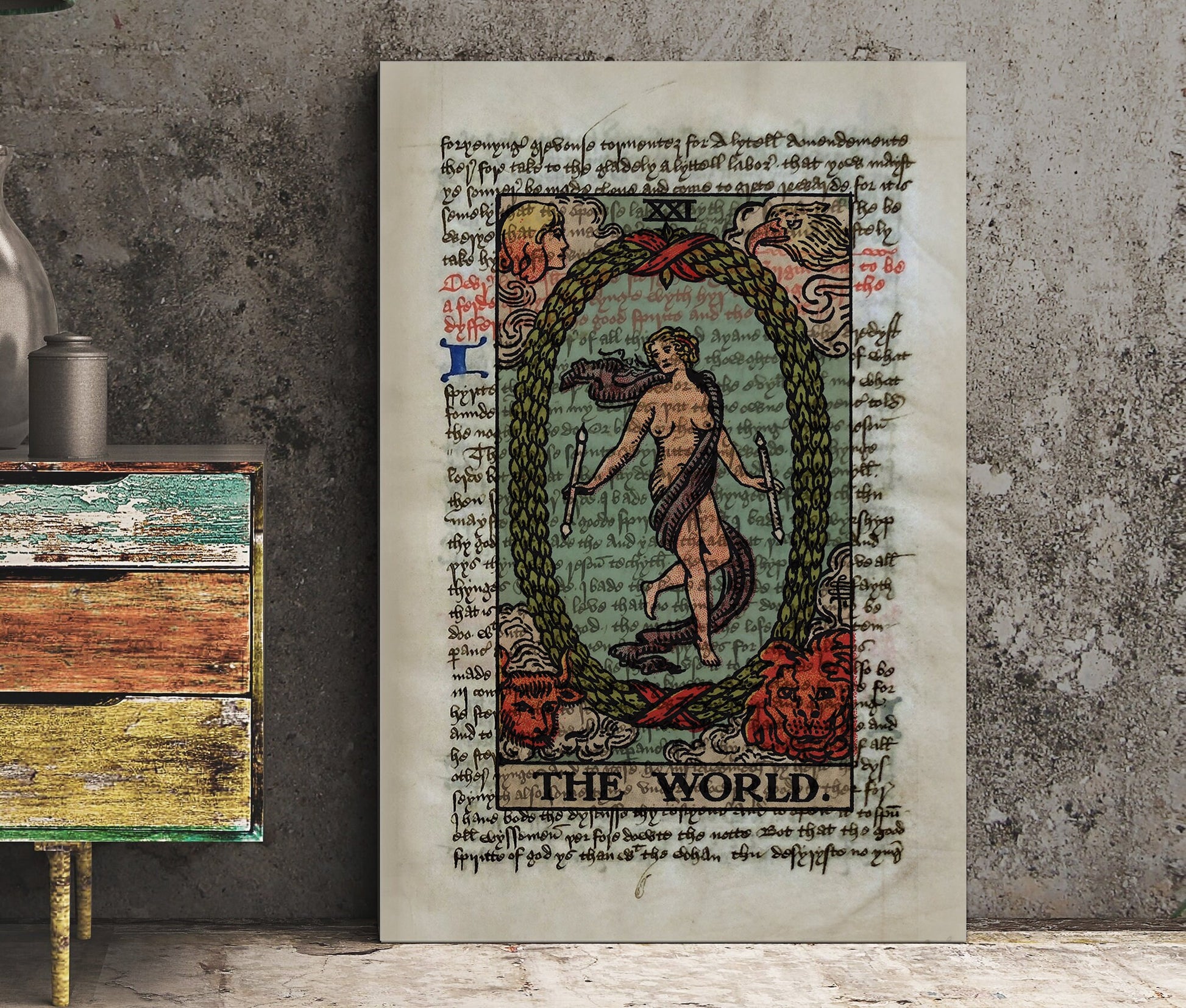 The World - Tarot Card Print - The World Card Poster On Ancient Text Rider Waite Print (No Frame)