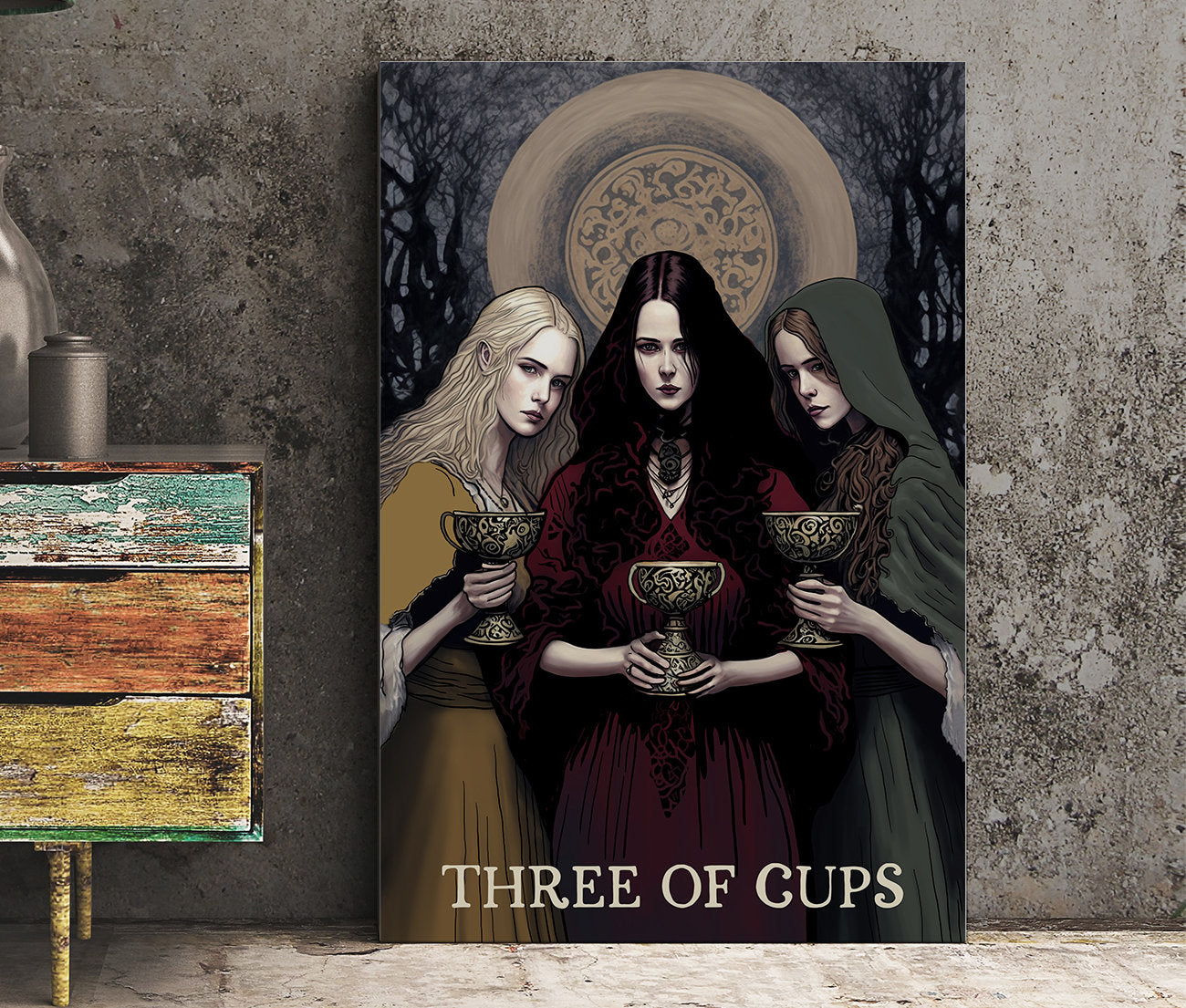 Three of Cups Poster - Wiccan Triple Goddess Tapestry - Hecate Witchy Painted Print, No Frame