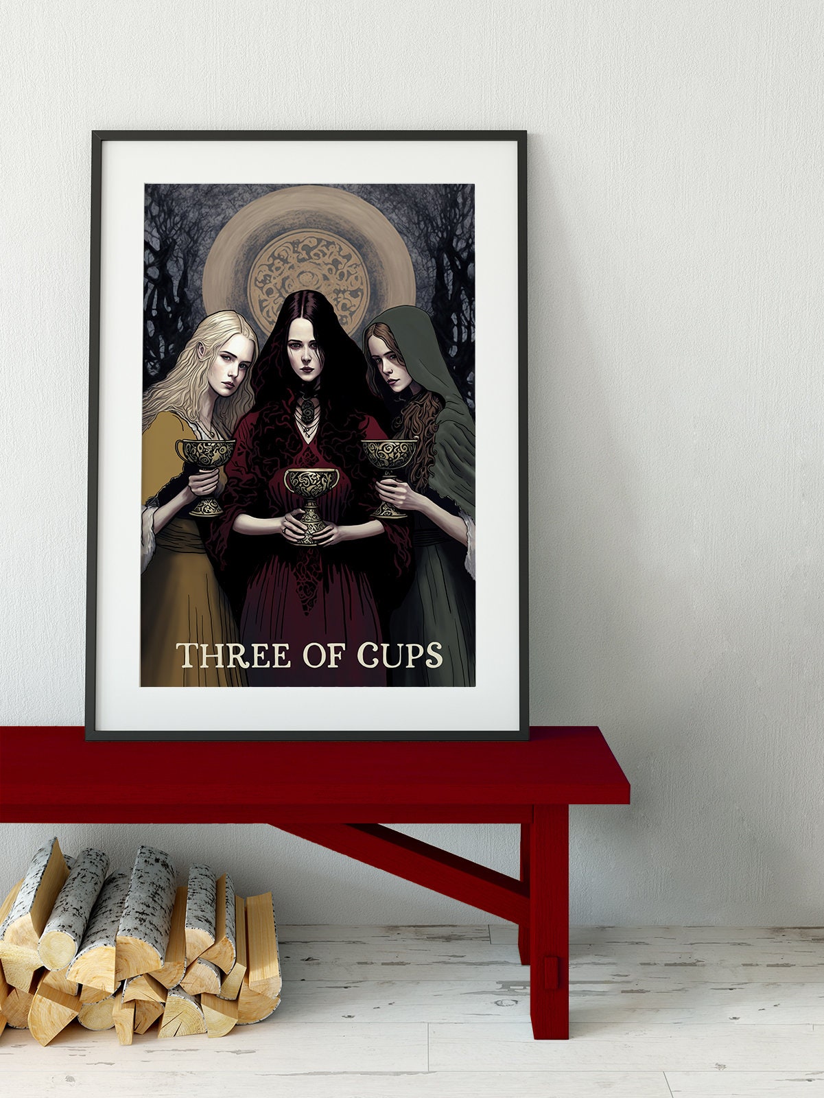 Three of Cups Poster - Wiccan Triple Goddess Tapestry - Hecate Witchy Painted Print, No Frame