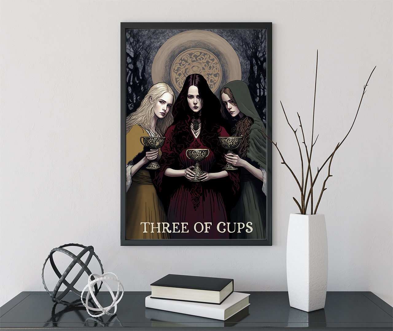 Three of Cups Poster - Wiccan Triple Goddess Tapestry - Hecate Witchy Painted Print, No Frame
