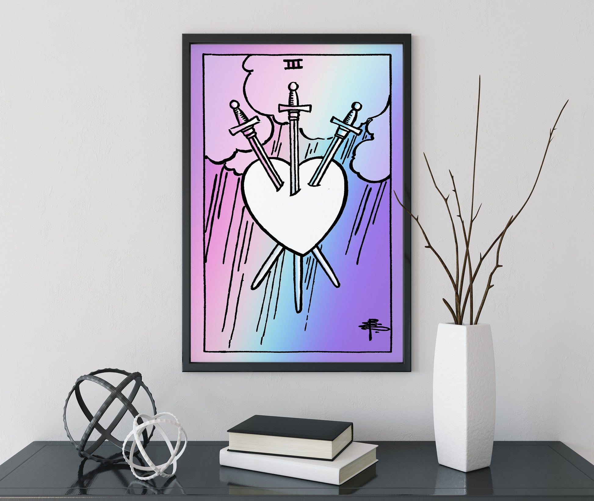 Three of Swords- Tarot Card Print - The 3 of Swords Card Pastel Goth Poster, No Frame