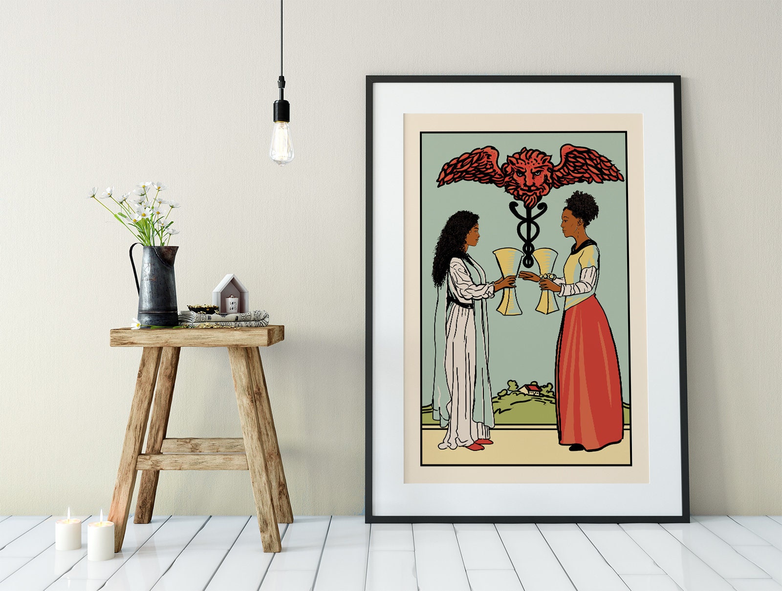 Two of Cups - Tarot Card Print - Two African American Women Card Poster, No Frame