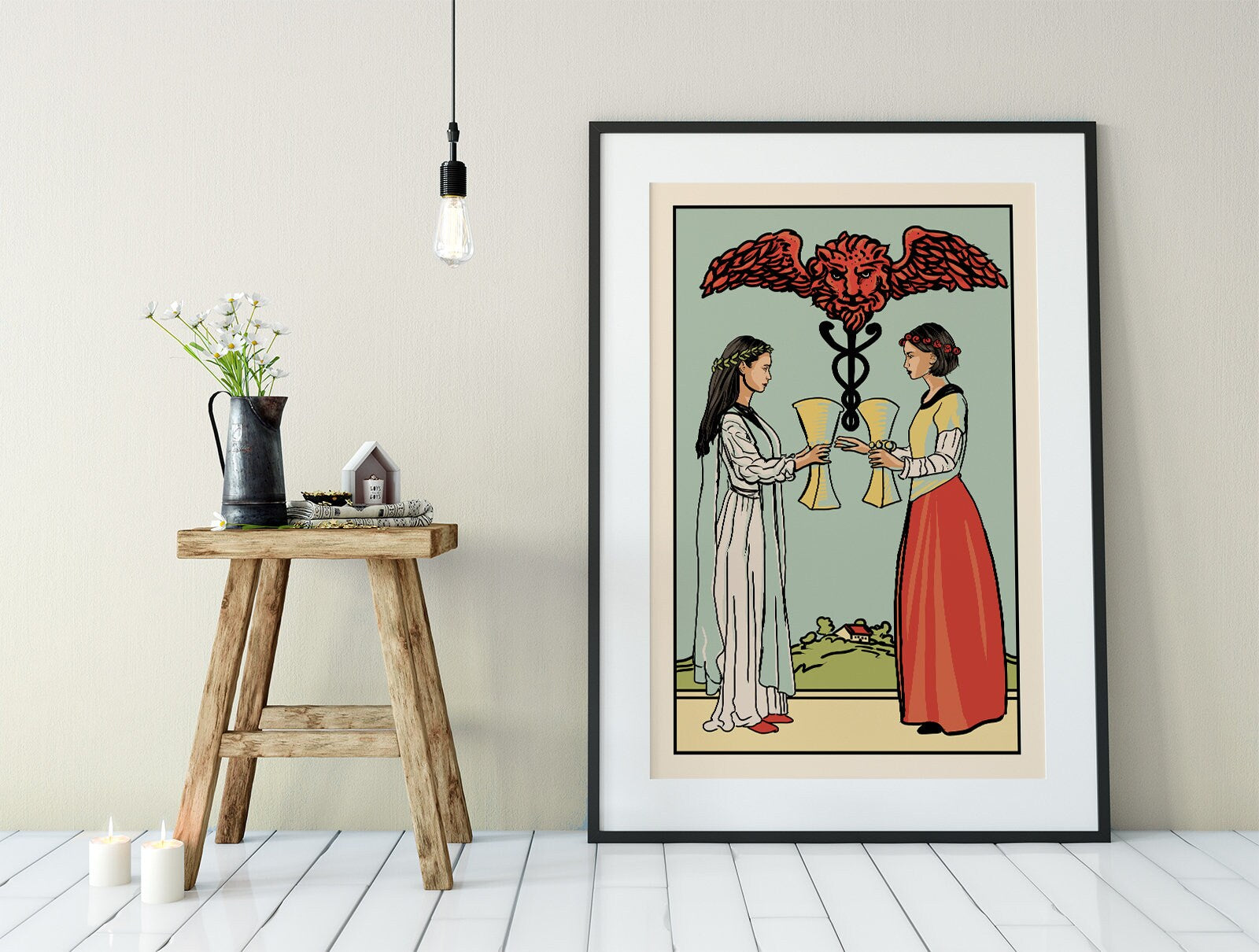 Two of Cups - Tarot Card Print - Two Women Card Poster, No Frame