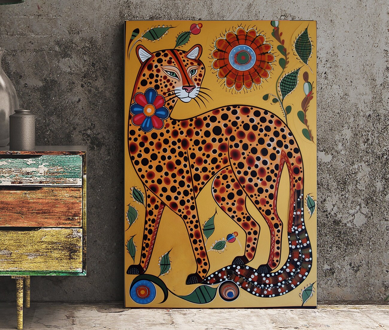 Cheetah Folk Art Poster, No Frame