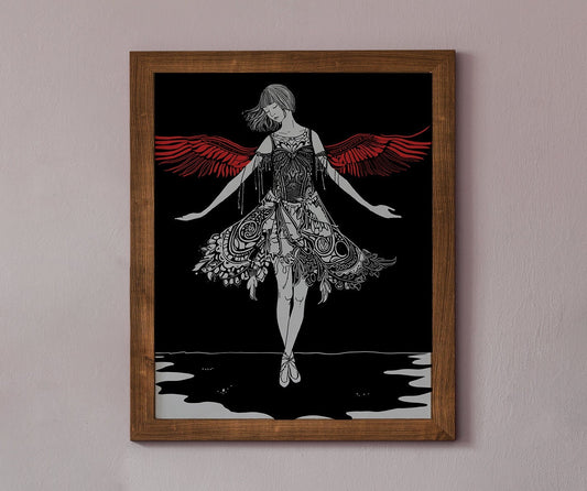 Vintage Angel Art - Hand Drawn Print, Gothic Angel Poster, Dark Academia (No Frame)