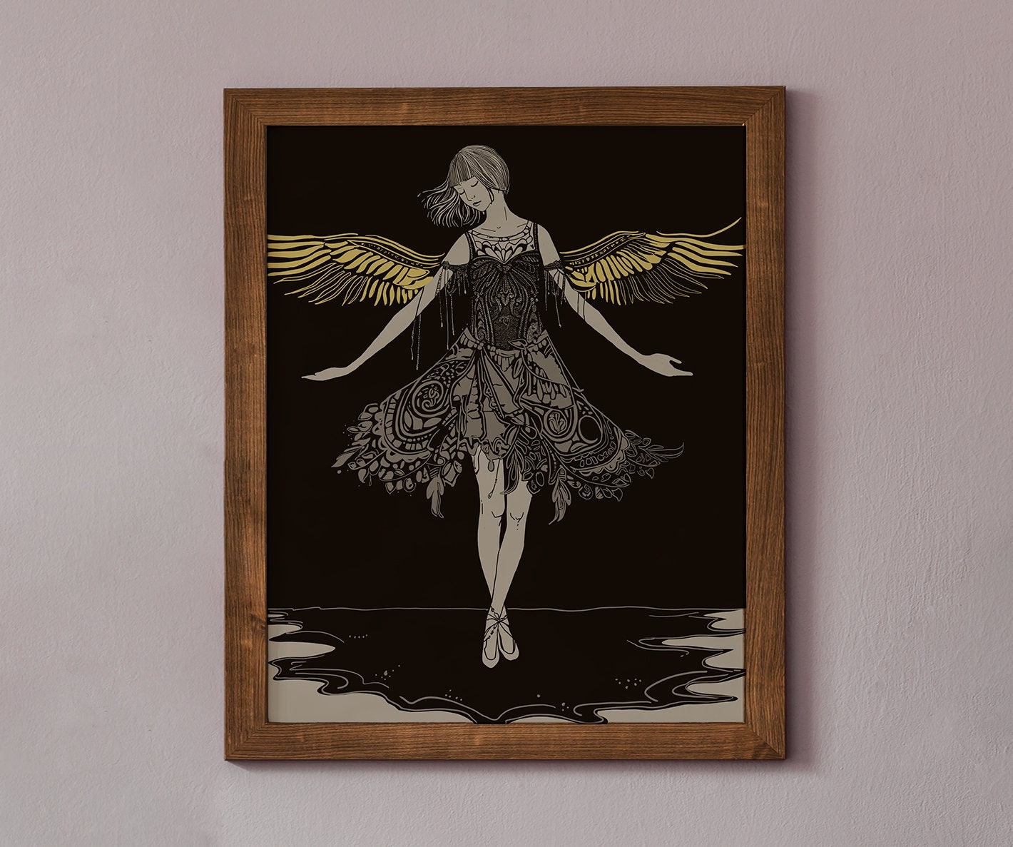 Vintage Angel Art - Hand Drawn Print, Beige and Gold (No Frame)