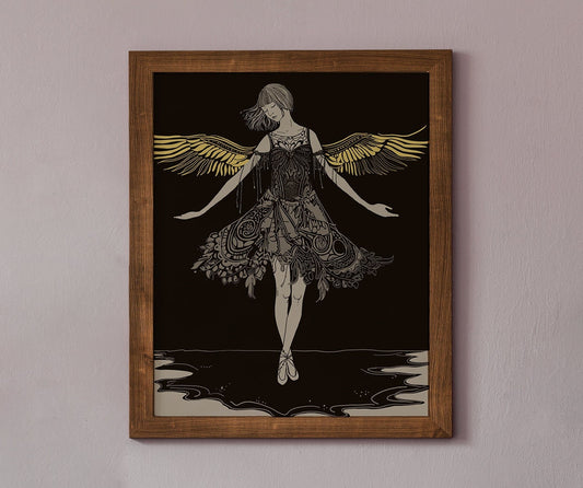 Vintage Angel Art - Hand Drawn Print, Beige and Gold (No Frame)