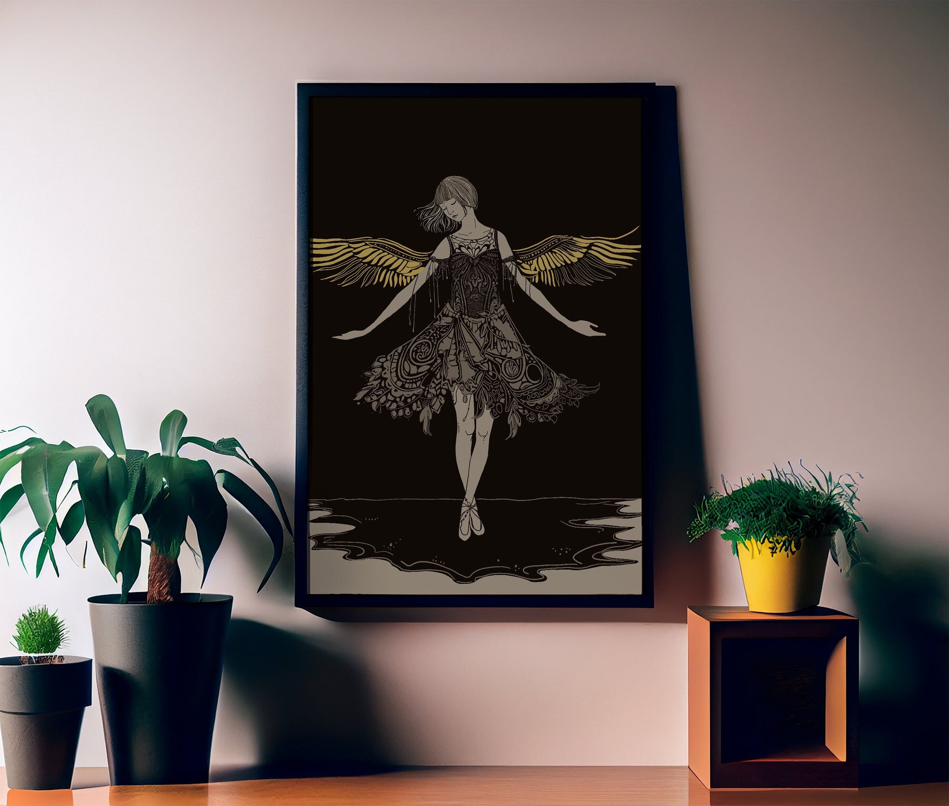Vintage Angel Art - Hand Drawn Print, Beige and Gold (No Frame)