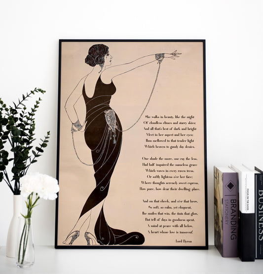 1920 Deco - She Walks in Beauty Poem - Art Nouveau Goddess - Poster Bohemian - Large Artwork - Beige and Black