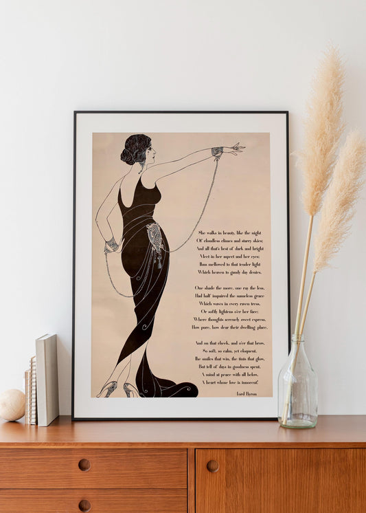 1920 Deco - She Walks in Beauty Poem - Art Nouveau Goddess - Poster Bohemian - Large Artwork - Beige and Black