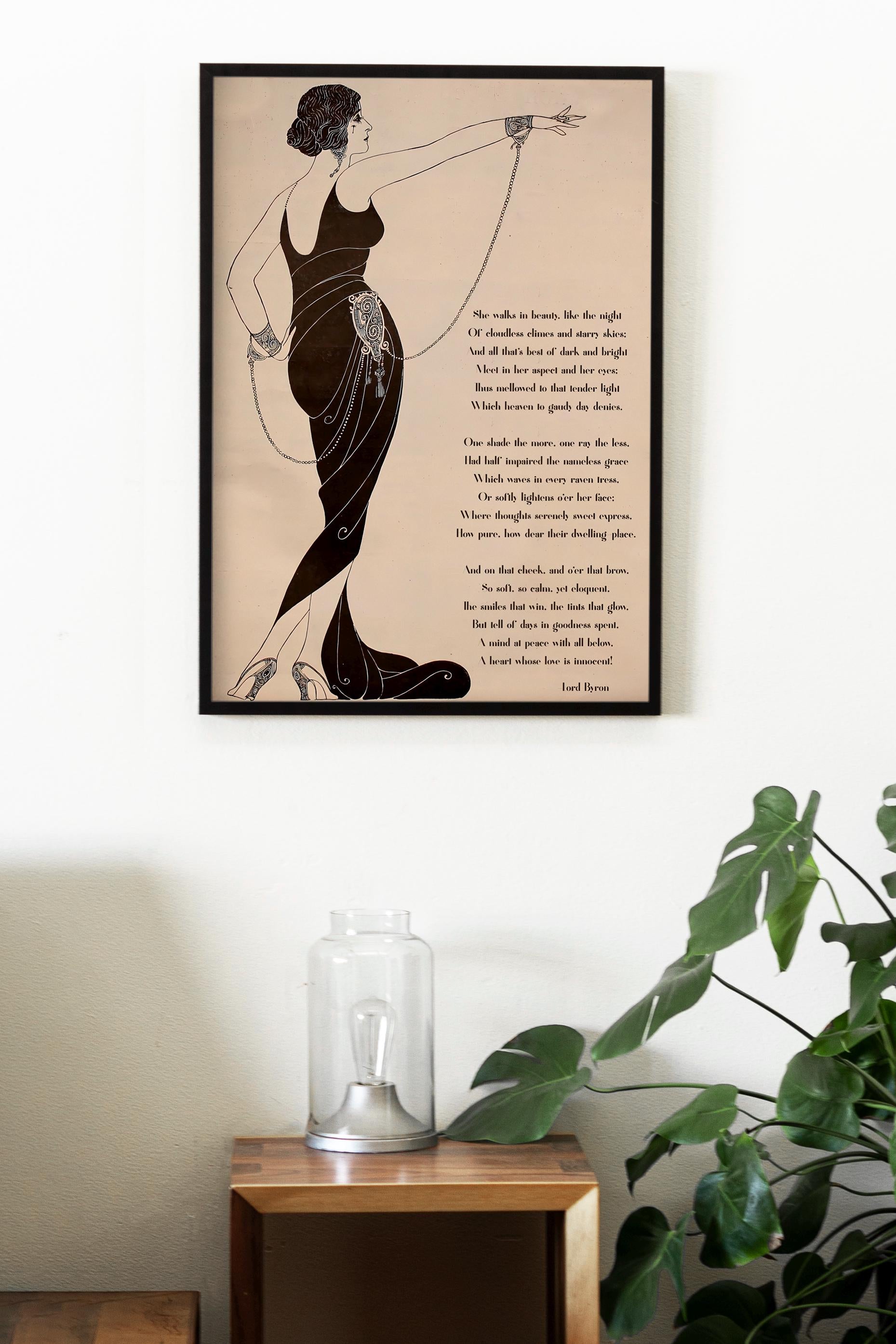 1920 Deco - She Walks in Beauty Poem - Art Nouveau Goddess - Poster Bohemian - Large Artwork - Beige and Black