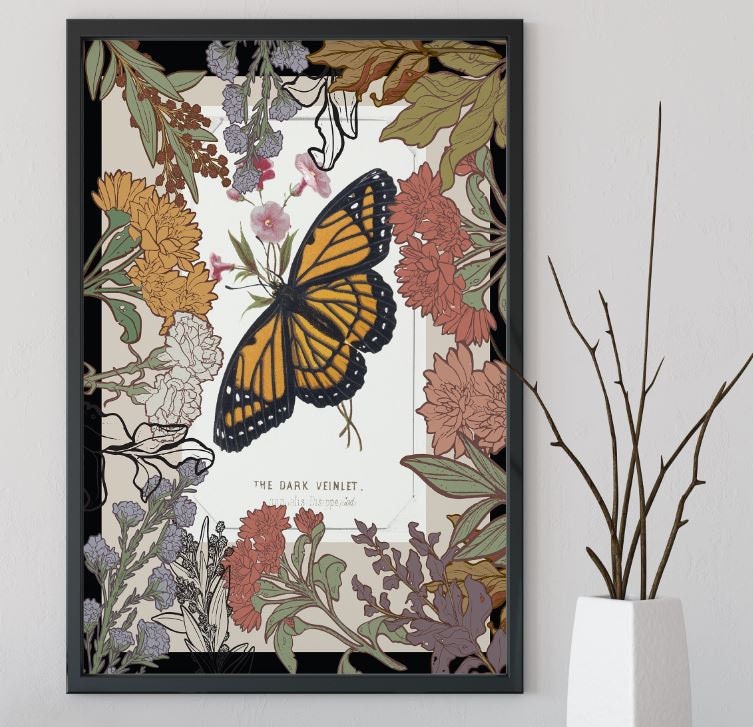 Art Nouveau Butterfly Poster Floral Print Bohemian Print Large Artwork - Mucha Inspired