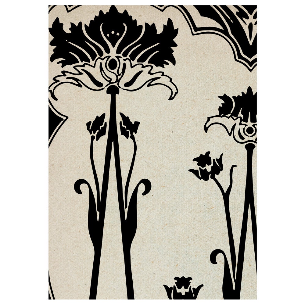 Art Nouveau Floral Poster - Vintage Design - Ornamental Print - Large Artwork - Beige and Black
