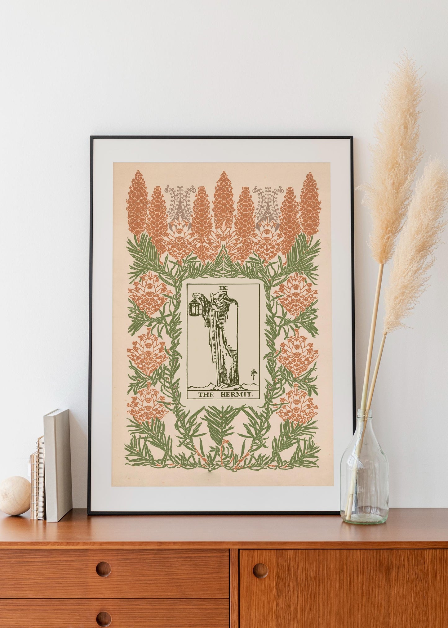 Art Nouveau Hermit Poster Neutral - Tarot Card Print - Floral Print - Vintage Tarot Card Poster - Large Artwork Beige Vintage
