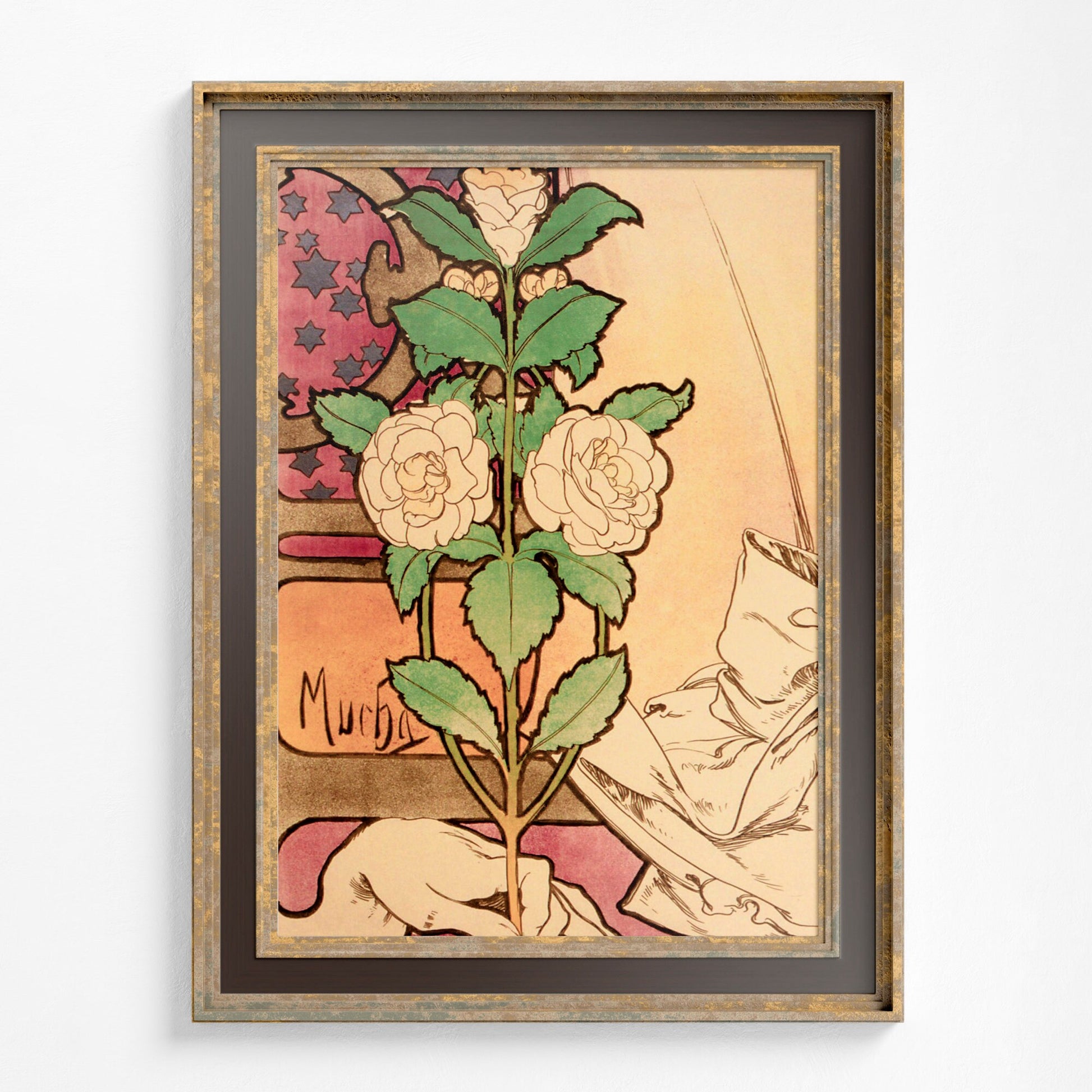 Art Nouveau Poster Floral Print Bohemian Print Large Artwork Mucha - Beige, Pink, and Green