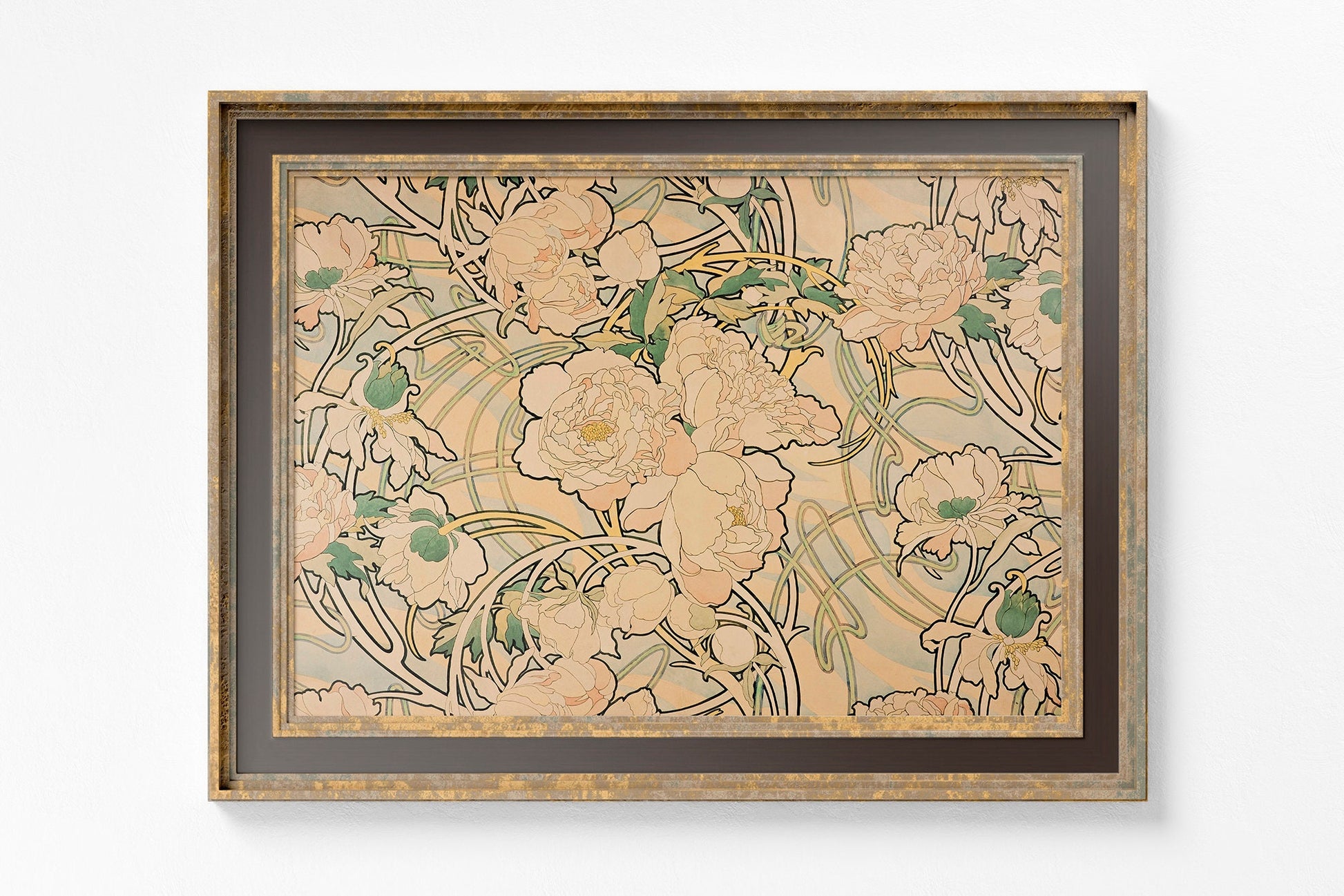 Art Nouveau Poster Floral Print Bohemian Print Large Artwork Mucha - Beige, Pink, and Green - Vintage
