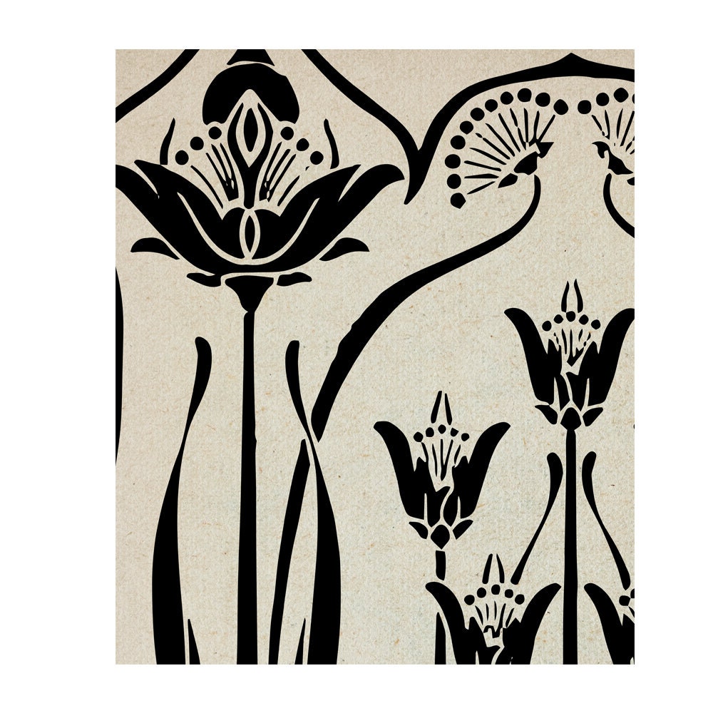Art Nouveau Poster - Vintage Design - Ornamental Print - Large Artwork - Beige and Black