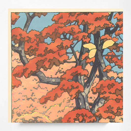 Autumn Woodblock Print Moody Vintage Yellow Wall Art Decor Japanese Nature Scene by My Store