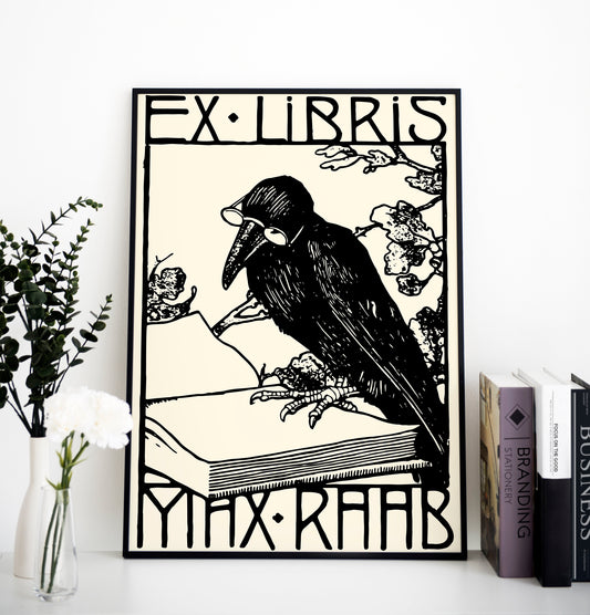 Bird Reading Vintage - Ex Libris - Crow - Art Nouveau Poster - Print Bohemian Print - Large Artwork - Black and Beige