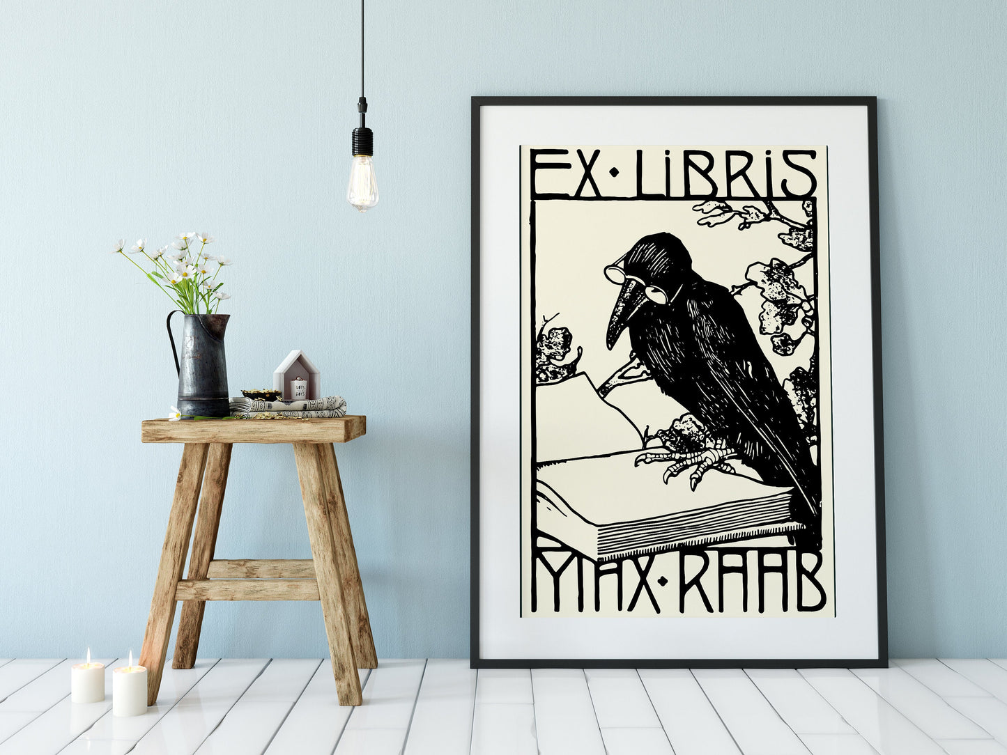Bird Reading Vintage - Ex Libris - Crow - Art Nouveau Poster - Print Bohemian Print - Large Artwork - Black and Beige