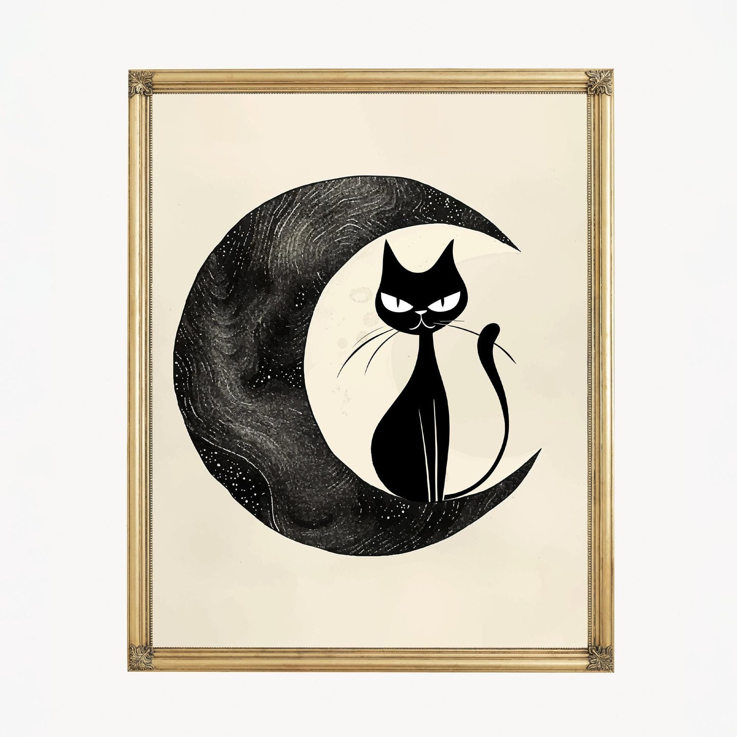 Black Cat and Moon - Mid Century Modern - Beige and Black Art Print