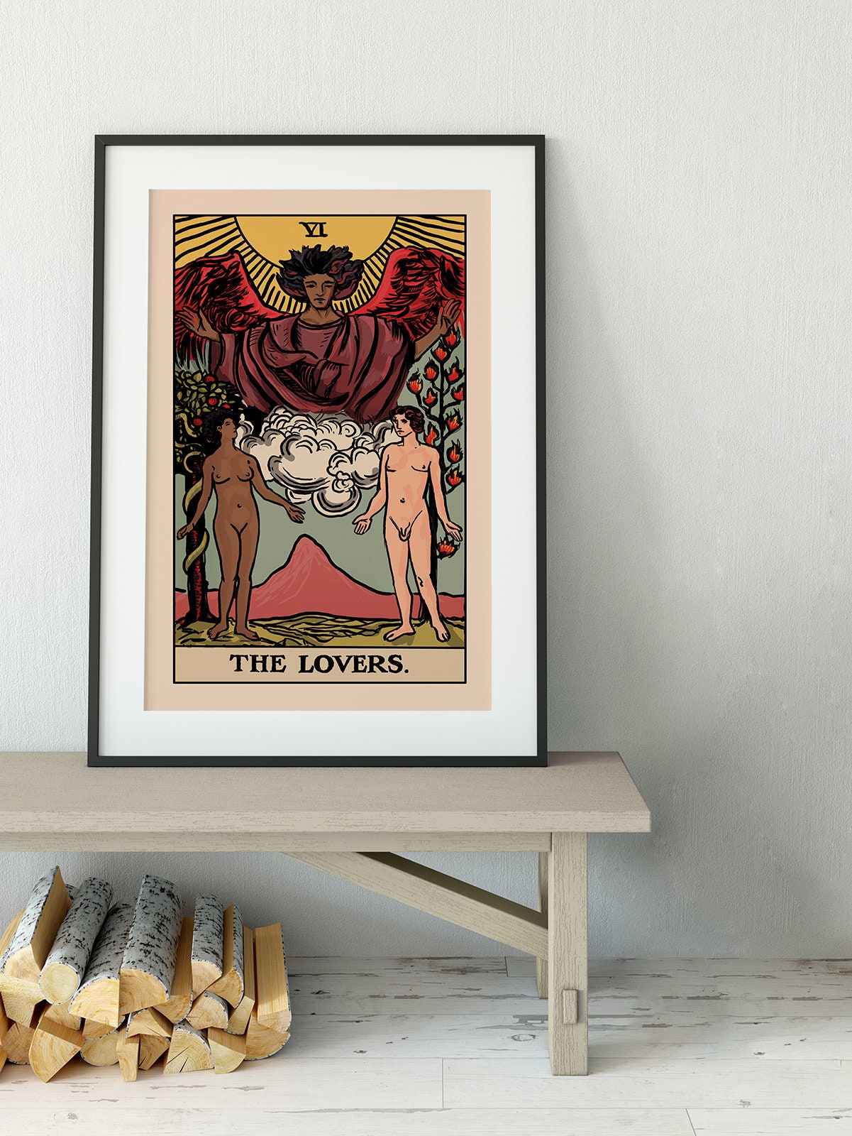 The Lovers - Tarot Card Print - The Bi-Racial Lovers Black Man White Woman Card Poster By Printagrams (No Frame)