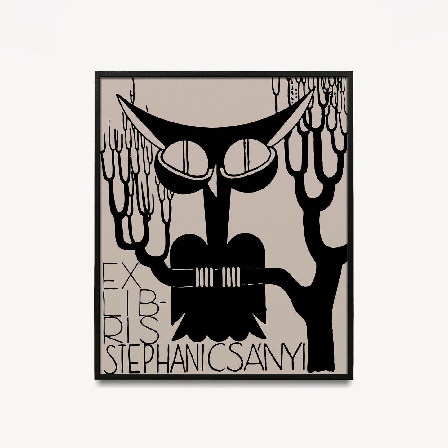 Cute Vintage Owl Print - Art Nouveau Poster - Exlibris - Black and Beige