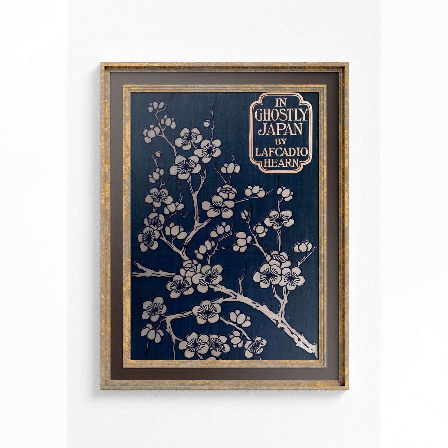 Dark Blue Vintage Book Cover Print - In Ghostly Japan - Art Nouveau Poster - Cherry Blossoms - Dark Academia - Moody Room