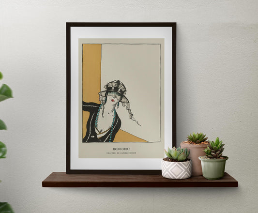 Deco Fashion Print Bonjour Art Nouveau Goddess Poster Yellow And Black French Wall Art by My Store