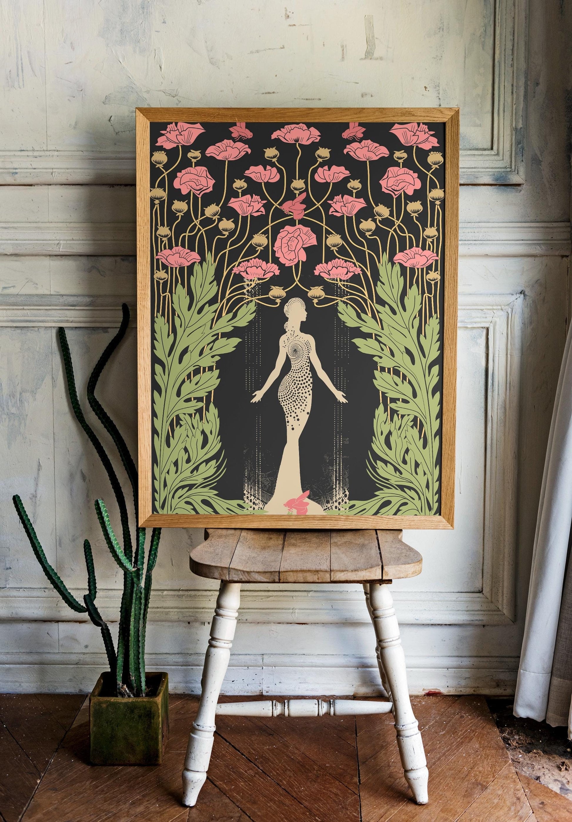 Demeter - Goddess - Deco - Art Nouveau Goddess - Poster Bohemian - Goddess Print Large - Pink and Green Print