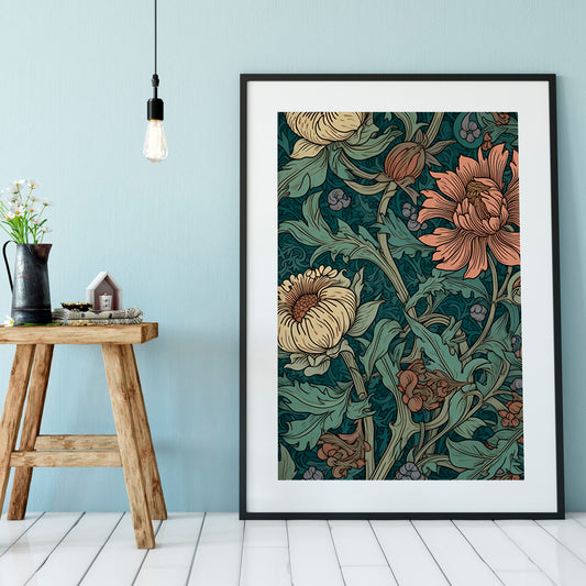 Floral Art Nouveau Print - William Morris - Bohemian Print Large Artwork - Dark Green and Blue