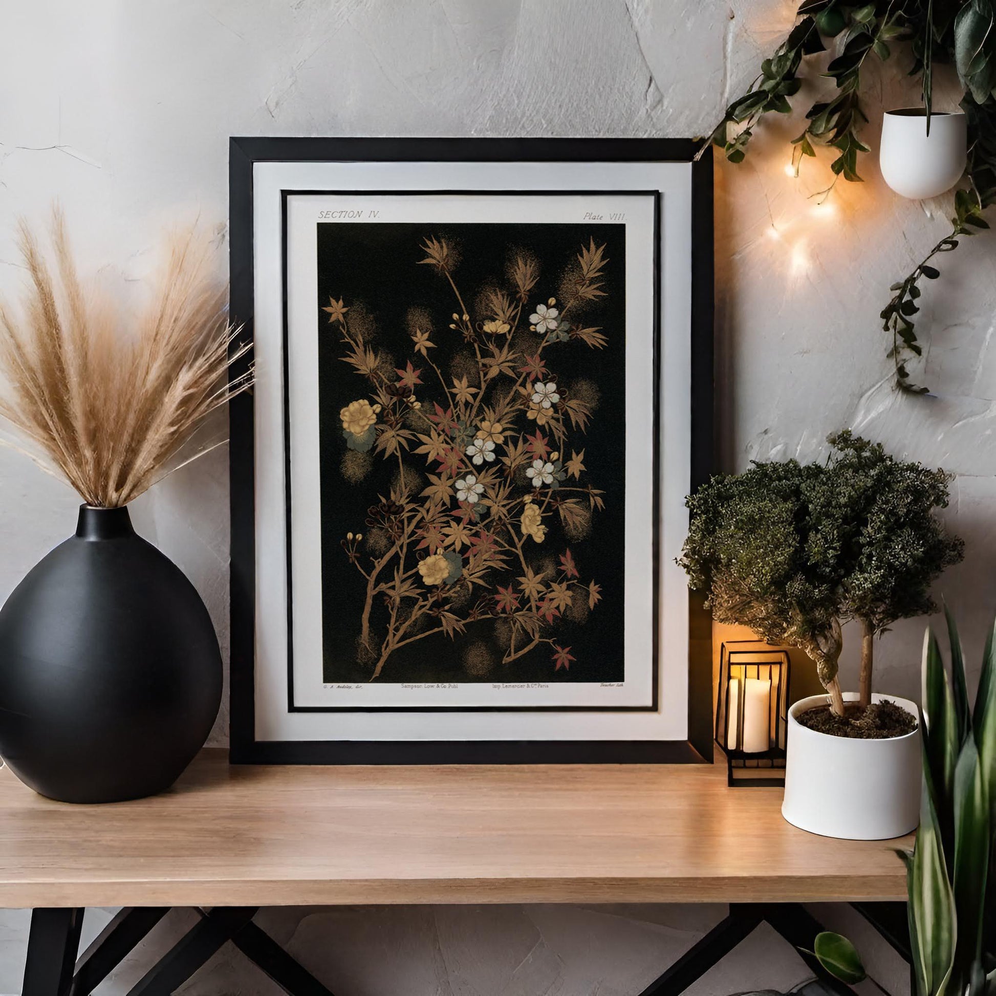 Floral Japanese Print - Moody Art Nouveau Print - Beige and Gold - Bohemian Print Large Artwork - Neutral