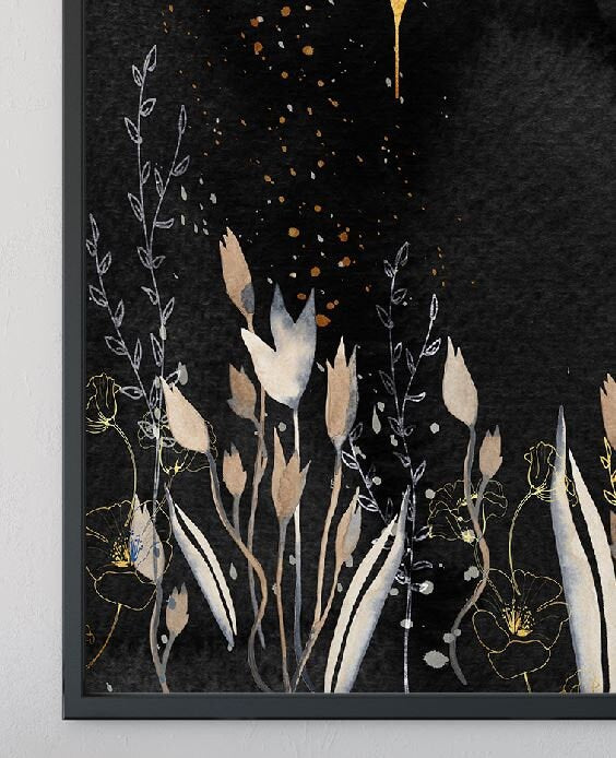 Gold and Black Floral Print - Watercolor Art Nouveau Poster Floral Print Bohemian Print Large Artwork