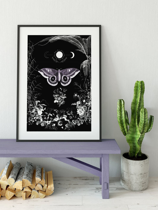 Gothic Floral Print Bohemian Print Large Artwork - Vintage Flowers and Moth