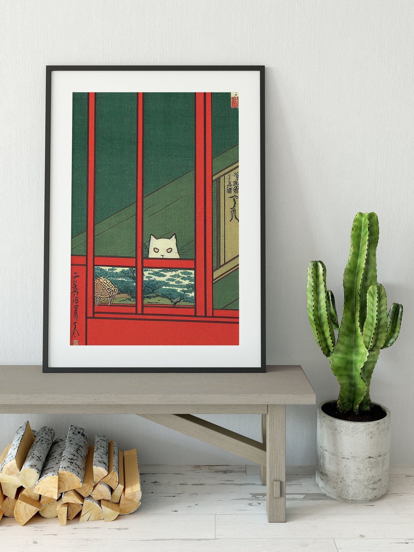 Japanese Cat in the Window Painting - White Cat Japanese illustration Print