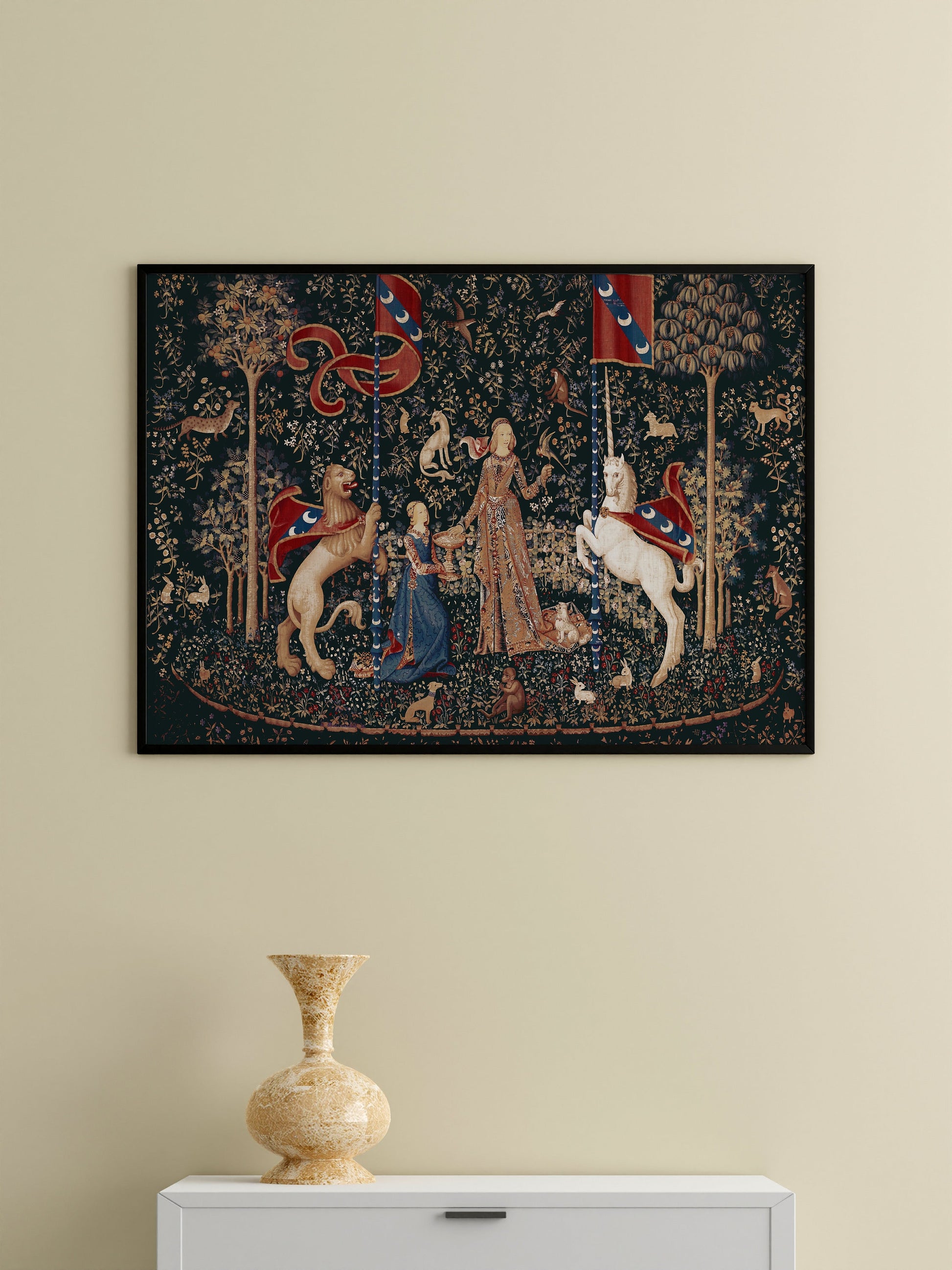 Medieval Unicorn Print - Taste - Lady with Unicorn Dark Green - Medieval Art - Flora - 1500s