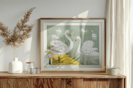 Moody Vintage Print - Swans - Nouveau Artwork - Light Green