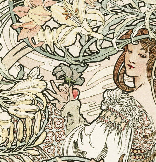 Mucha Original Art Nouveau Poster Floral Print Large Artwork Beige Pink Green Paris Vintage by My Store