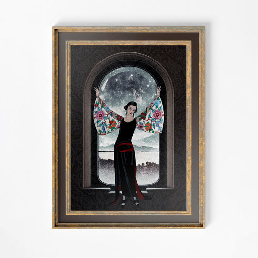 Deco - Art Nouveau Goddess - Beige and Red - Poster - Bohemian - Goddess Print Large Artwork Moon Lady