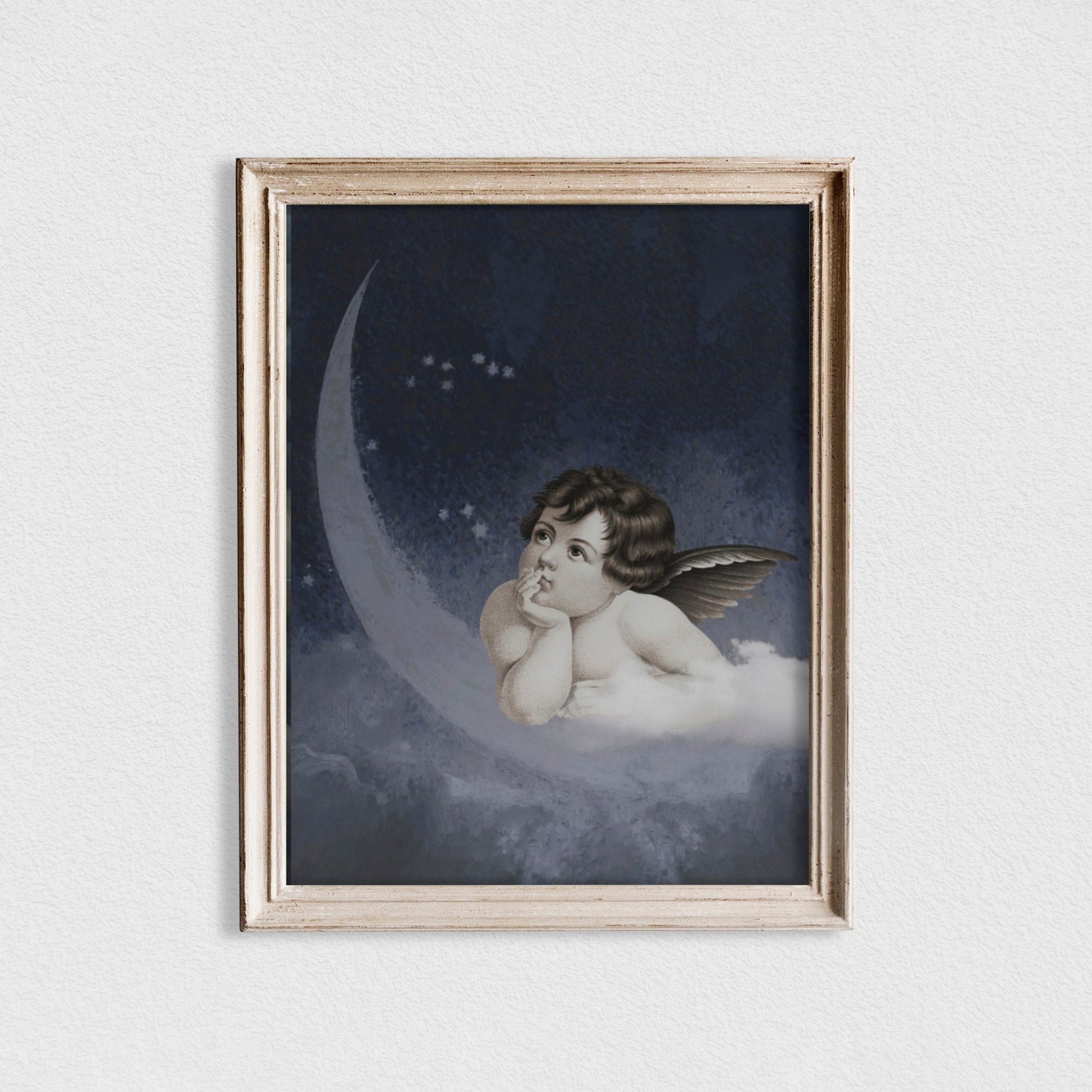 Vintage Angel and Moon - Nursery Moon Print - Cherub Painting - Cupid Print - Romantic Art Print