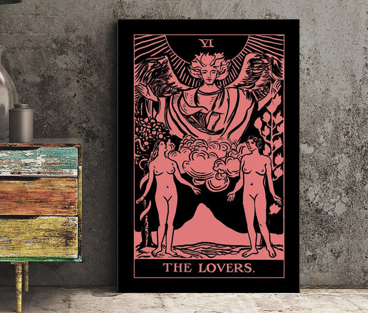 The Lovers Tarot Card Print Two Women Pink and White No Frame by My Store