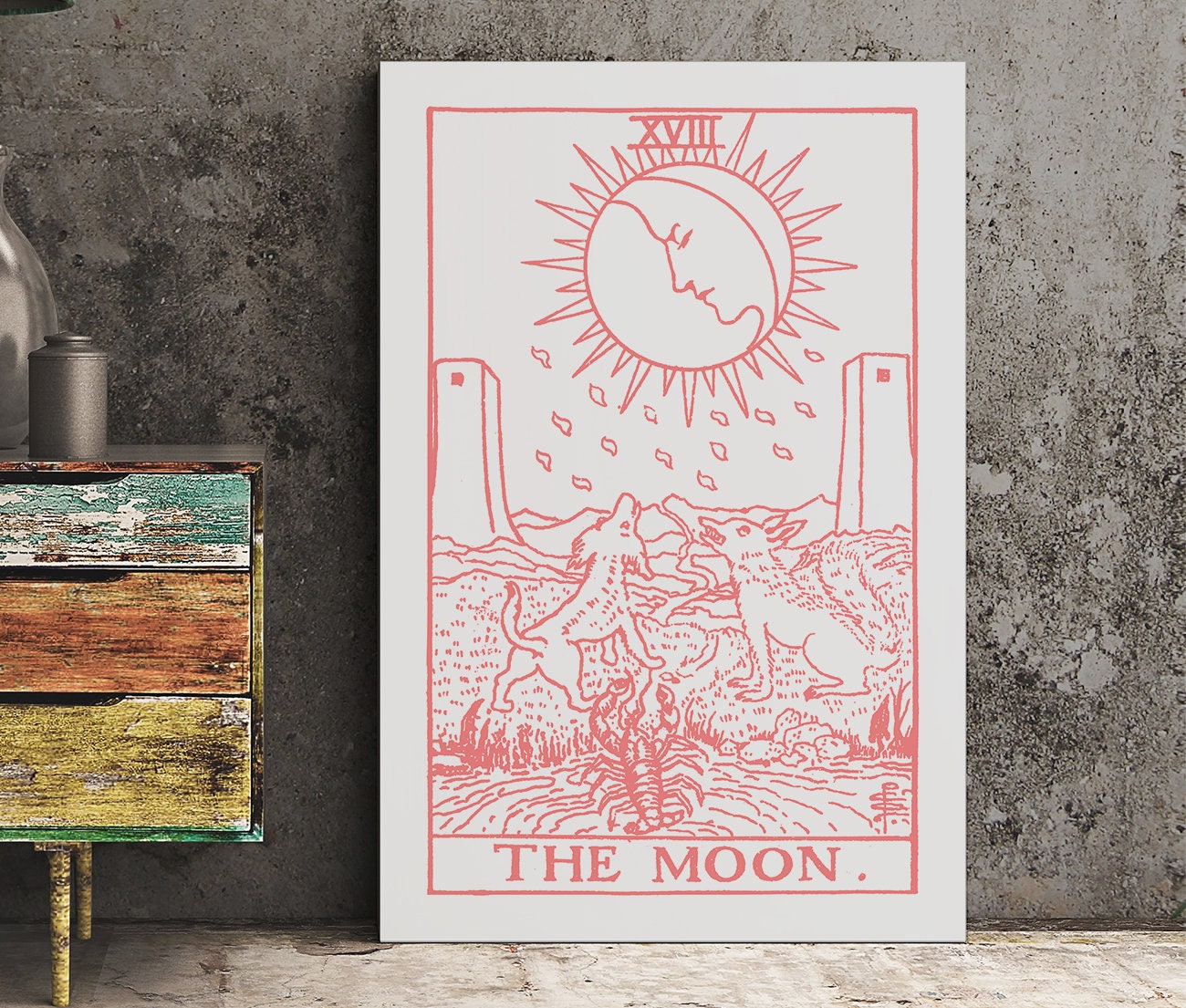 The Moon - Tarot Card Print - The Moon Pink and White Poster, No Frame