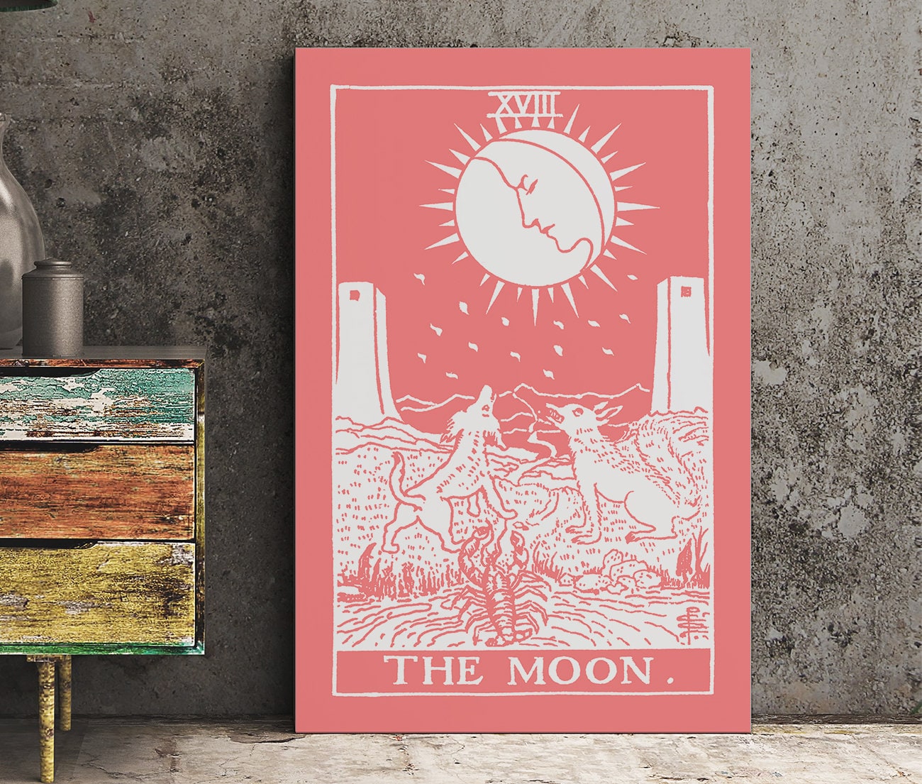 The Moon - Tarot Card Print - The Moon Pink and White Poster, No Frame