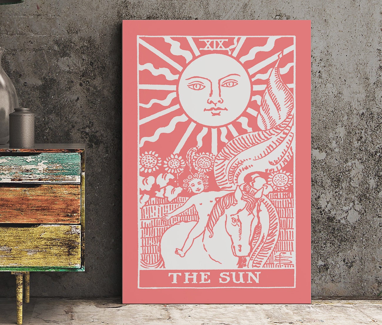 The Sun- Tarot Card Print - The Sun Card Pink and White Poster, No Frame