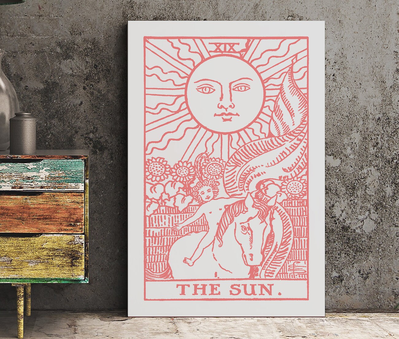 The Sun- Tarot Card Print - The Sun Card Pink and White Poster, No Frame