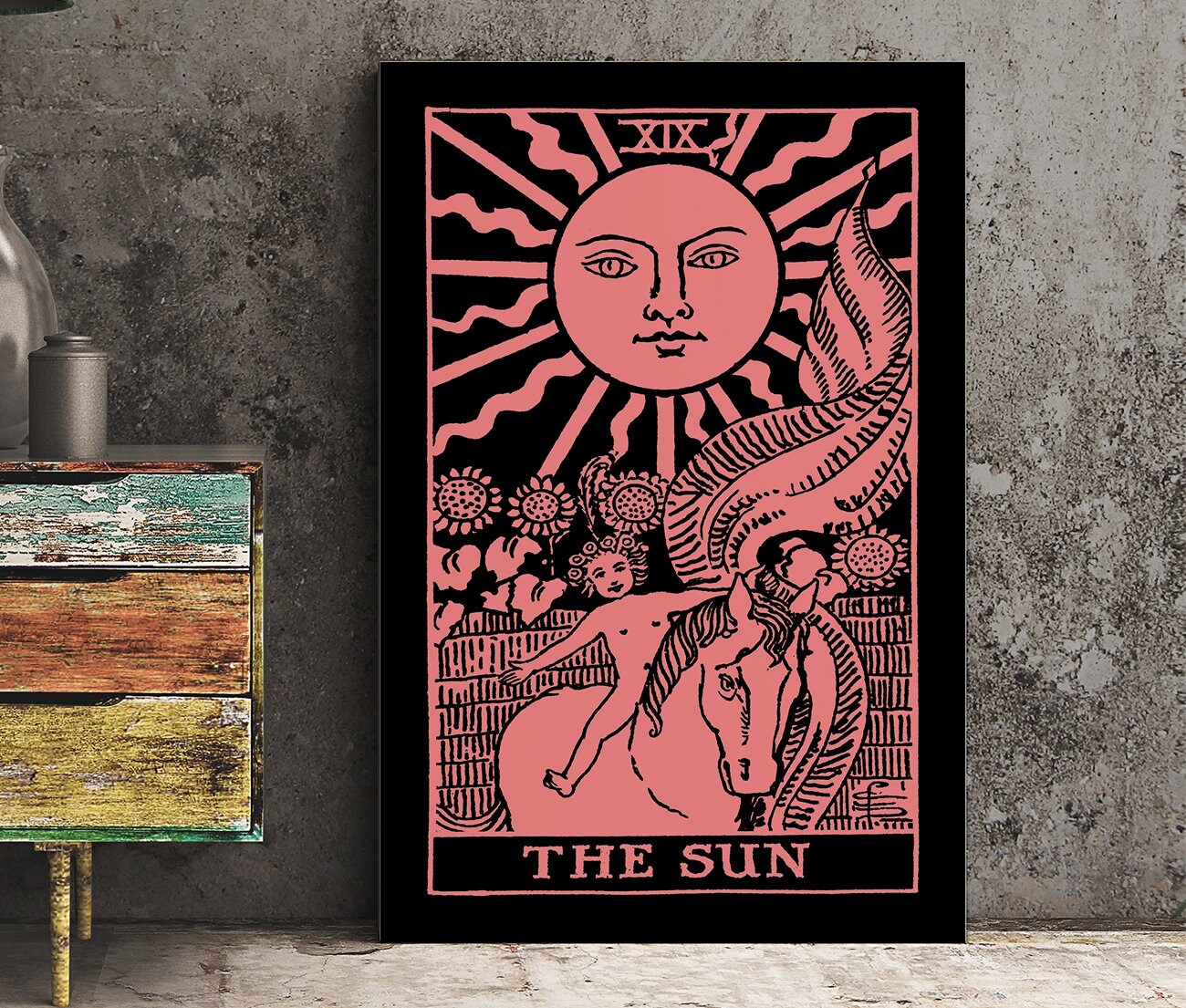 The Sun- Tarot Card Print - The Sun Card Pink and White Poster, No Frame