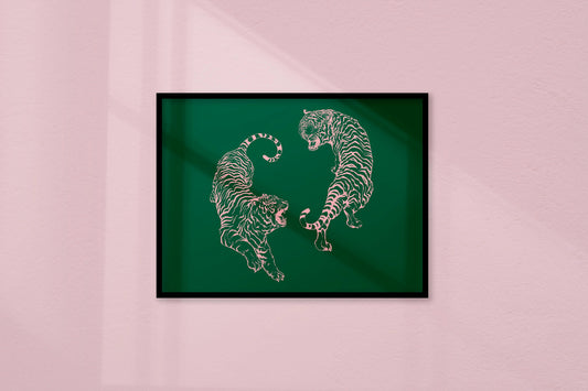 Pink Tigers Print Japanese Tigers On Dark Green Canvas Wall Art For Modern Living Rooms by My Store