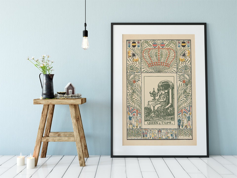 Queen of Cups Nouveau Tarot Print - Vintage Shabby Chic - Tarot Poster - Nouveau Tarot Card Art - Green